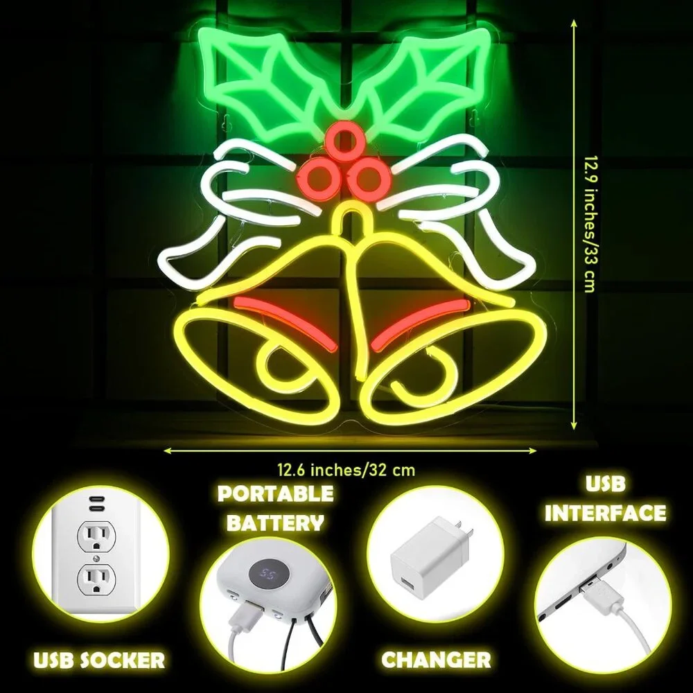 Christmas Bells Neon Sign Led Candy Dimmable Light Up Sign for Party Kids Gift